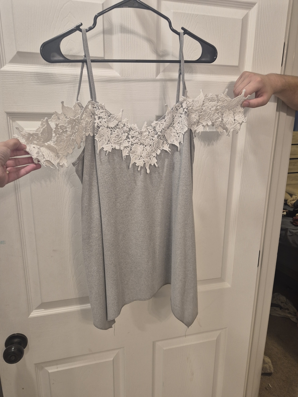 Lace-Trim Off The Shoulder Tank Top - Light Gray